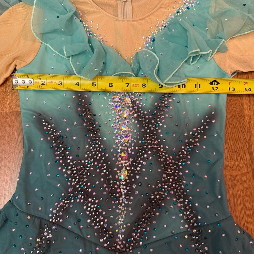Figure Skating Customized Dress Teal Aqua Ombré Rhinestone Stoned Long Sleeve XS - Picture 12 of 17